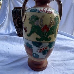 One Colorful Ceramic Vase with Dragon Design and one Wooden hand carved vase